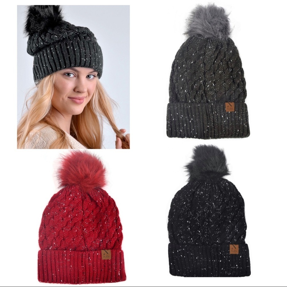 Speckled Ladies Knit Winter Hat W Faux Fur Pom (3 color options)